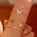 5 PCS Gold Bow Bracelets Set for Women, Elegant Butterfly and Pearl Accented Lay... - Image 3