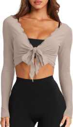 LASLULU Womens Tie Front Wrap Tops Long Sleeve Bolero Shrugs Crop Cardigan Yoga ... - Image 3