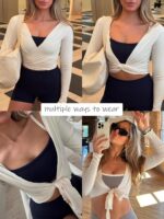 LASLULU Womens Tie Front Wrap Tops Long Sleeve Bolero Shrugs Crop Cardigan Yoga ... - Image 5