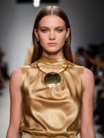 Statement Necklace Set with Large Gold Disc Pendant and Stud Earrings, Choker St... - Image 3