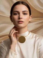 Statement Necklace Set with Large Gold Disc Pendant and Stud Earrings, Choker St... - Image 5