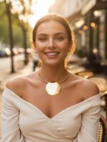 Statement Necklace Set with Large Gold Disc Pendant and Stud Earrings, Choker St... - Image 7