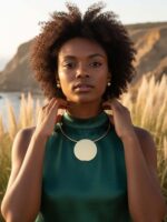 Statement Necklace Set with Large Gold Disc Pendant and Stud Earrings, Choker St... - Image 8
