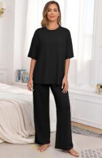 PrinStory Womens Pajamas Sets 2 Piece Lounge Set Short Sleeve Tops and Long Pant... - Image 3