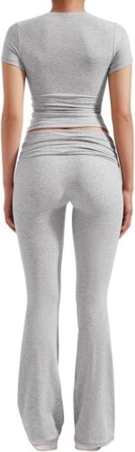 ZFLM Casual Workout Two Piece Outfits for Women Short Sleeve Crop High Waist Fol... - Image 4