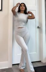 ZFLM Casual Workout Two Piece Outfits for Women Short Sleeve Crop High Waist Fol... - Image 5