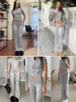 ZFLM Casual Workout Two Piece Outfits for Women Short Sleeve Crop High Waist Fol... - Image 6