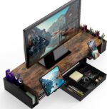 Simple Houseware Desk Dual Monitor Stand Riser with Drawer, Rustic Brown | Custo... - Image 3