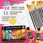 40 Pcs Acrylic Paint Set - 24 Colors (2oz/60ml) with 12 Brushes, 2 Knives & Pale... - Image 3