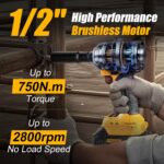 Brushless Impact Wrench 750N.m with 2x4.0AH Battery 1/2 inch | 553 Ft-lbs 20V Hi... - Image 6