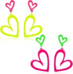 2 Pair Neon Heart Earrings, Acrylic Neon 80s 90s Outfit for Women, Glow Party Ac... - Image 2