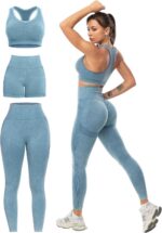 3 Piece Workout Sets for Women Butt Lifting Leggings with High Impact Sports Bra... - Image 2