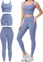 3 Piece Workout Sets for Women High Waisted Leggings with Pockets Tummy Control ... - Image 2