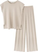 Ekouaer Lounge Sets for Women Two Piece Outfits Knit Cap Sleeve Tops Wide Leg Pl... - Image 2
