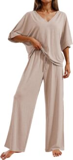 Ekouaer Pajama Sets for Women 2 Piece Lounge Set Short Sleeve Tops and Long Pant... - Image 2