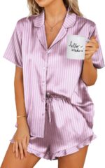 Ekouaer Womens Satin Pajamas Set Button Down 2 Piece Silk Pjs Shorts Set Ruffle ... - Image 2