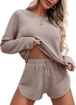 Ekouaer Womens Waffle Knit Pajama Sets Long Sleeve Top and Shorts Matching Loung... - Image 2