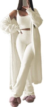 Fixmatti Women's Fuzzy 3 Piece Sweatsuit Open Front Cardigan Crop Tank Tops Wide... - Image 2