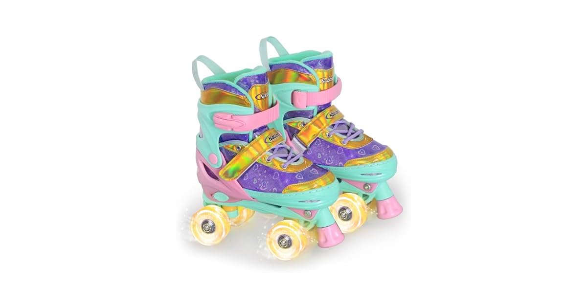 Kids Quad Roller Skates with Reflective Love Heart Design & Light-Up Wheels only .99