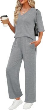 LOMON Women's 2 Piece Lounge Pajama Sets Soft 3/4 Sleeve Tops and Wide Leg Pants... - Image 2