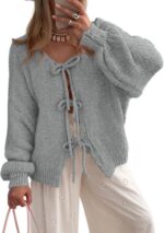 PRETTYGARDEN Women's Tie Front Bow Cardigan Sweaters Chunky Knit Long Puff Sleev... - Image 2