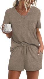 RUBZOOF Women's Short Sleeve Pajama Sets with Pockets Casual V Neck 2 Piece Loun... - Image 2