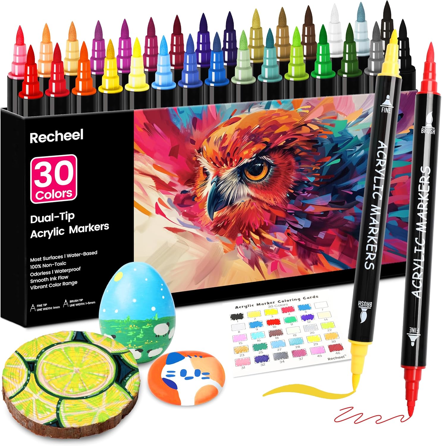 Recheel 30 Colors Acrylic Paint Markers, Dual Tip Fine and Brush Tips for Detail... - Image 2