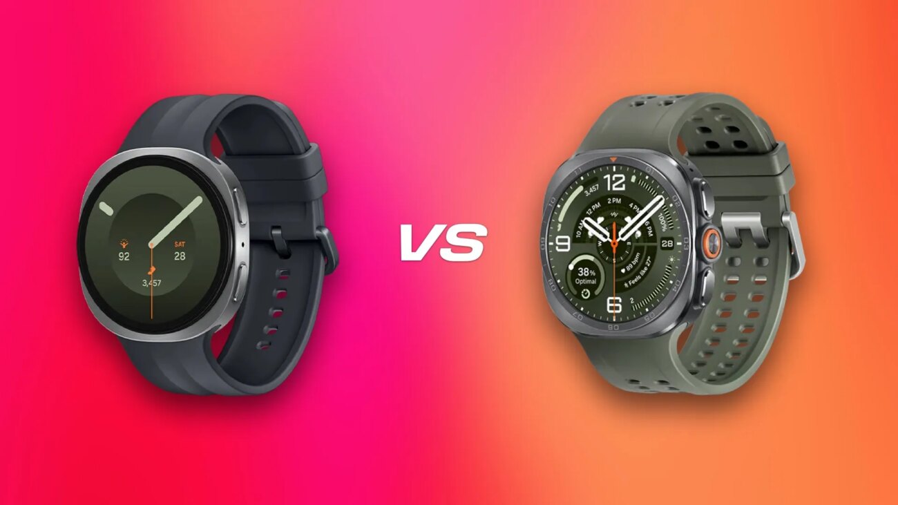 Two smartwatches on a colorful background.