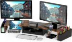 Simple Houseware Desk Dual Monitor Stand Riser with Drawer, Rustic Brown | Custo... - Image 2