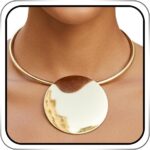 Statement Necklace Set with Large Gold Disc Pendant and Stud Earrings, Choker St... - Image 2
