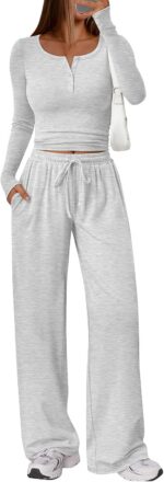 Trendy Queen Women's 2 Piece Matching Lounge Sets Long Sleeve Henley Neck Slight... - Image 2
