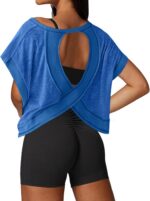 UNIANKIYA Open Back Workout Tops for Women Loose Fit Athletic Crop Tee Short Sle... - Image 2