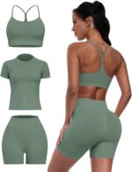 Women 3 Piece Workout Sets Seamless Running Tops Athletic Gym Yoga Short Y Back ... - Image 2