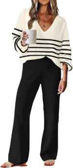 Womens 2 Piece Outfit Sweater Lounge Sets V Neck Knit Pajama Set Loungewear - Image 2