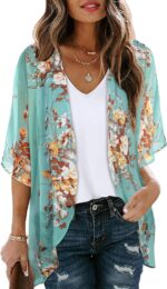 Women's Floral Print Puff Sleeve Kimono Cardigan Loose Cover Up Casual Blouse To... - Image 2