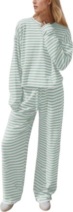 Ythomm Striped Pajamas Womens 2 Piece Sets Long Sleeve Tee Shirts Drawstring Wid... - Image 2