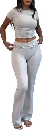 ZFLM Casual Workout Two Piece Outfits for Women Short Sleeve Crop High Waist Fol... - Image 2